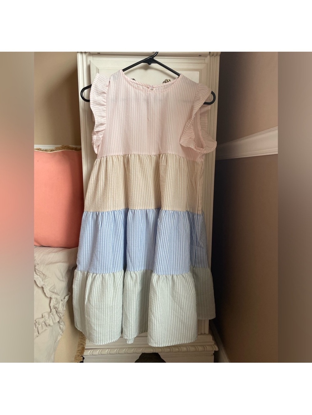 Tiered Pastel Ruffe Seersucker Dress - Pink, Cream, Blue, Mint